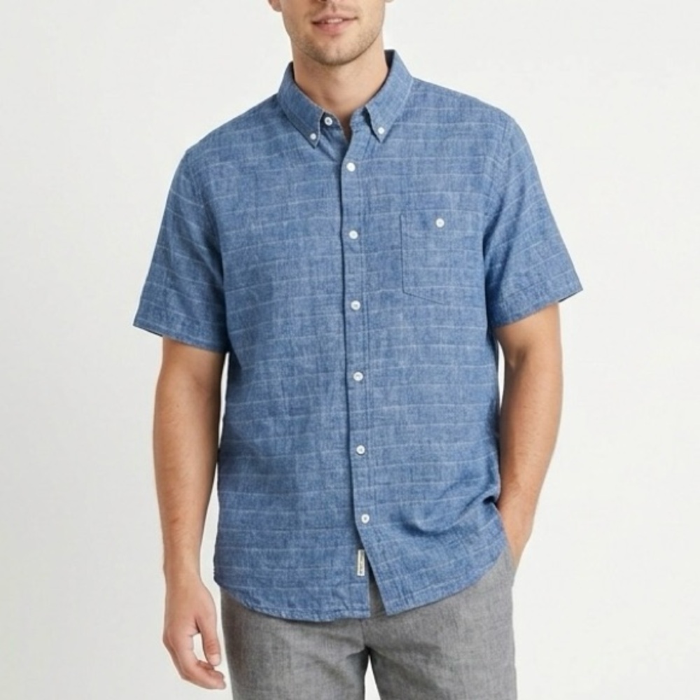 Weatherproof Vintage Men's Blue Linen Cotton Short Sleeve Shirt XXL